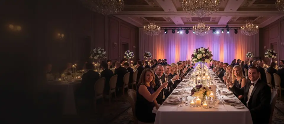 A corporate gala dinner with round tables and a lit stage