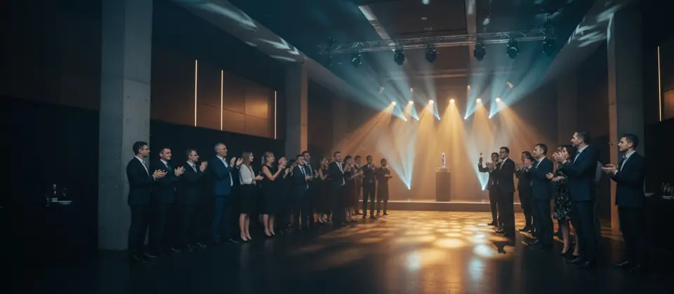 A product launch on a lit stage in front of an audience