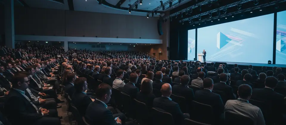 A large corporate conference with a speaker on stage